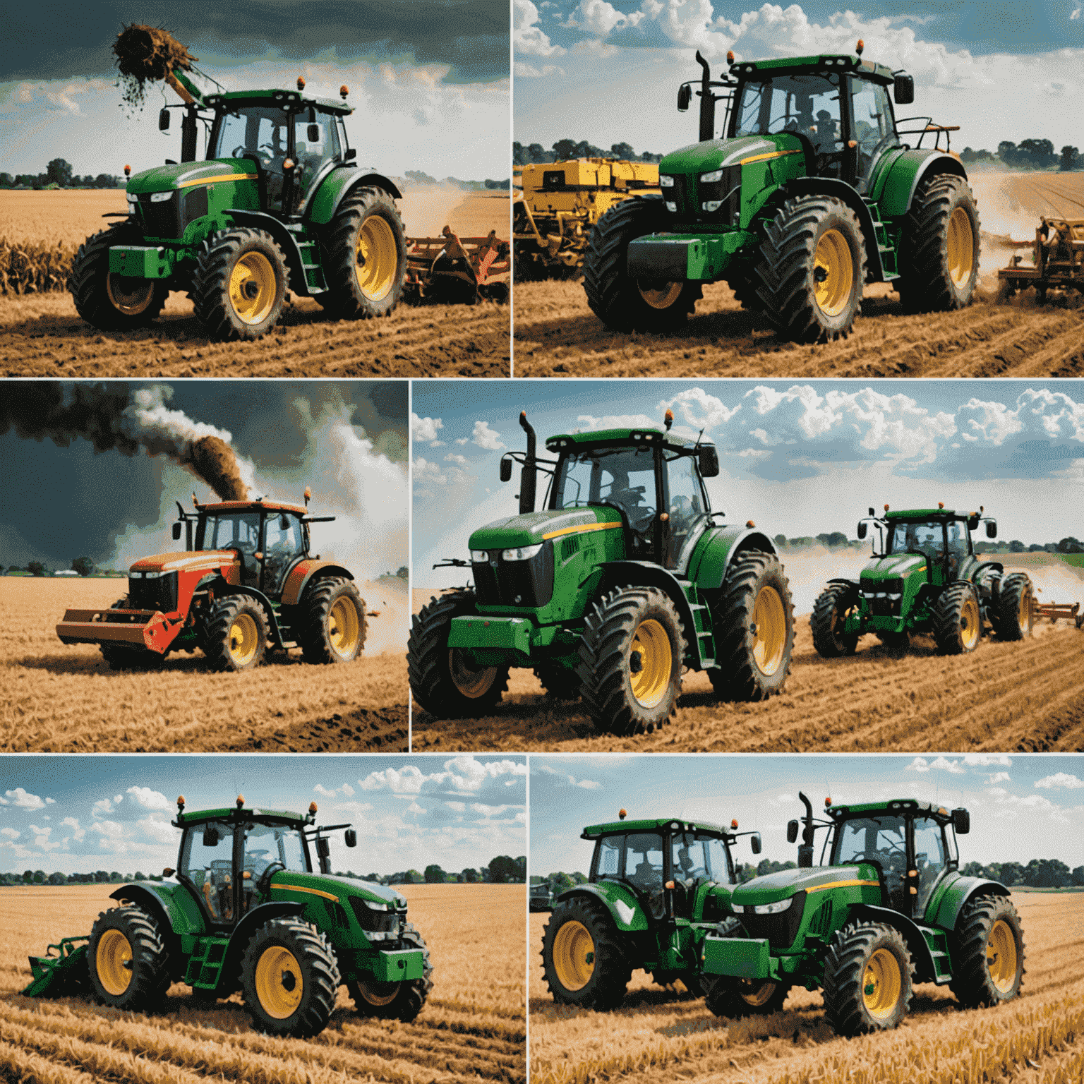 Collage of agricultural machinery facing various risks such as weather damage, mechanical failure, and accidents in fields