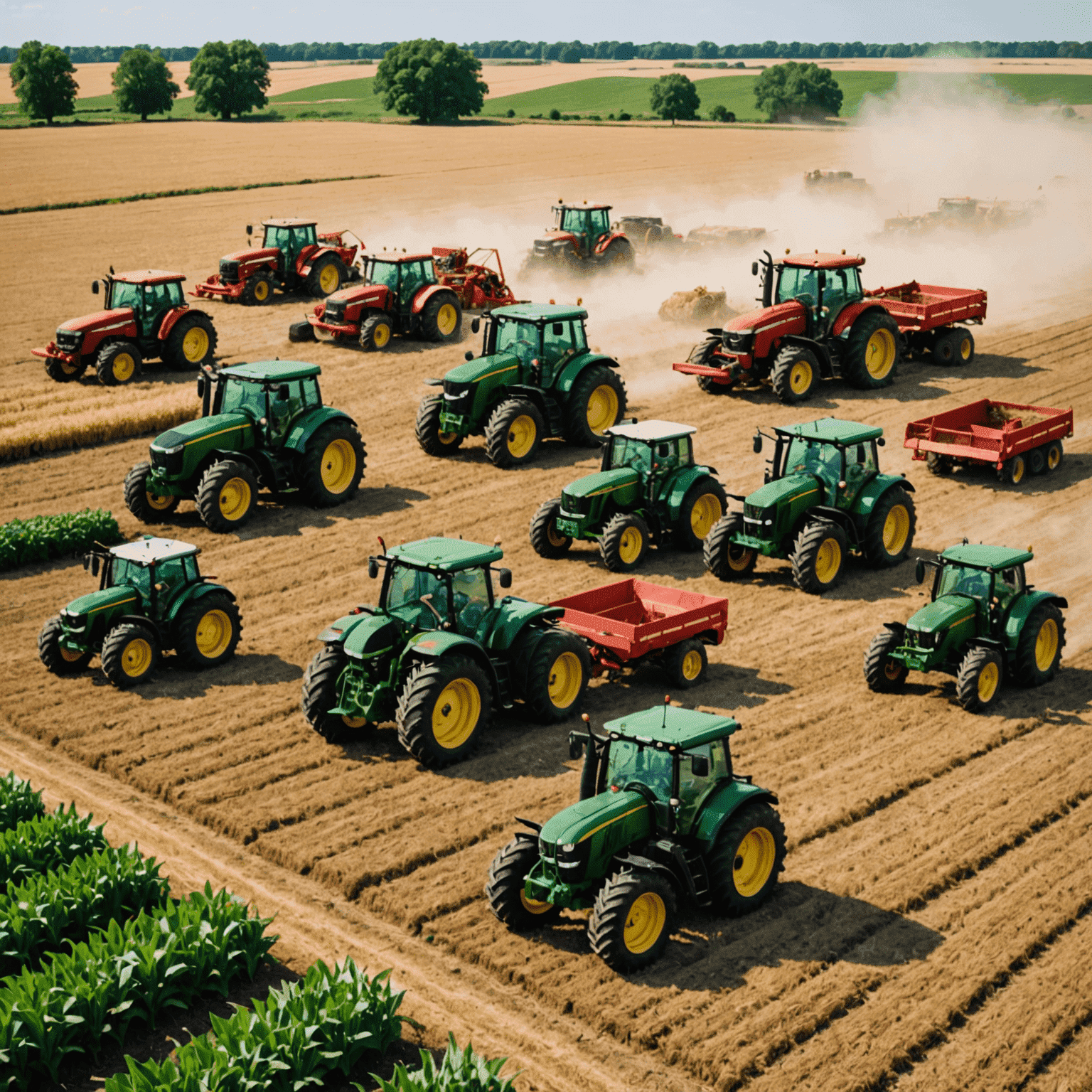 Various agricultural machinery in a field, including tractors, harvesters, and irrigation systems, showcasing the range of equipment at risk
